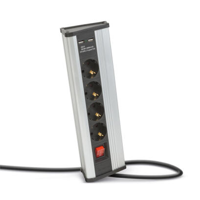 Sarokelosztó - kapcsolós - 4 x 250V, 16A - 2 x USB, 2,1A - alumínium ház