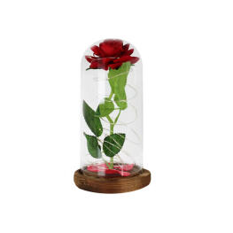 Örök rózsa üvegben LED világítással - Fa talp - Piros